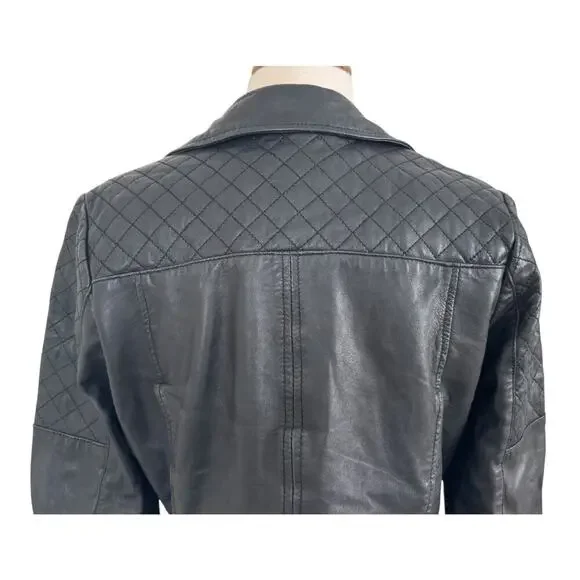 Vintage RIVER ISLAND Quilted Leather Moto Biker Black Jacket Size UK 12 US 8 - Picture 10 of 14